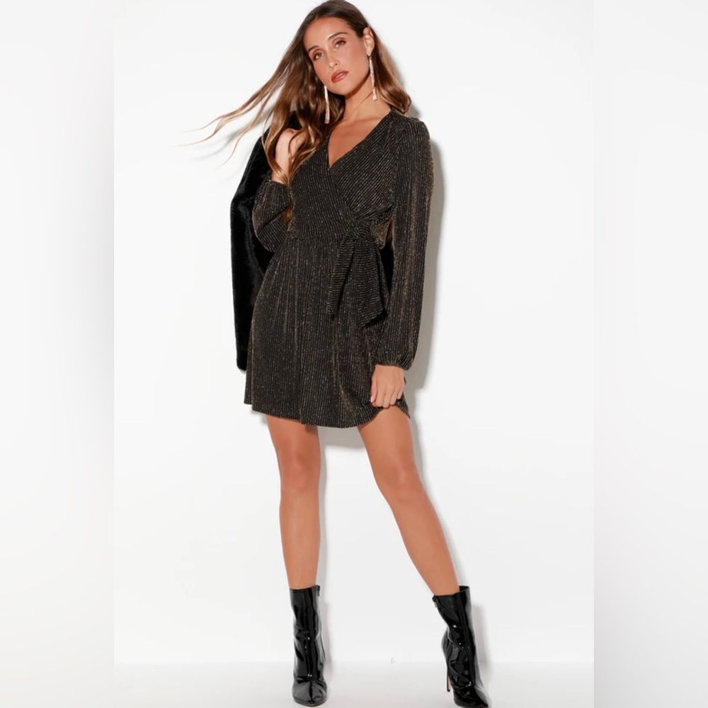 Lulus LUSH Benita Black and Gold Striped Long Sleeve Tie Front Dress